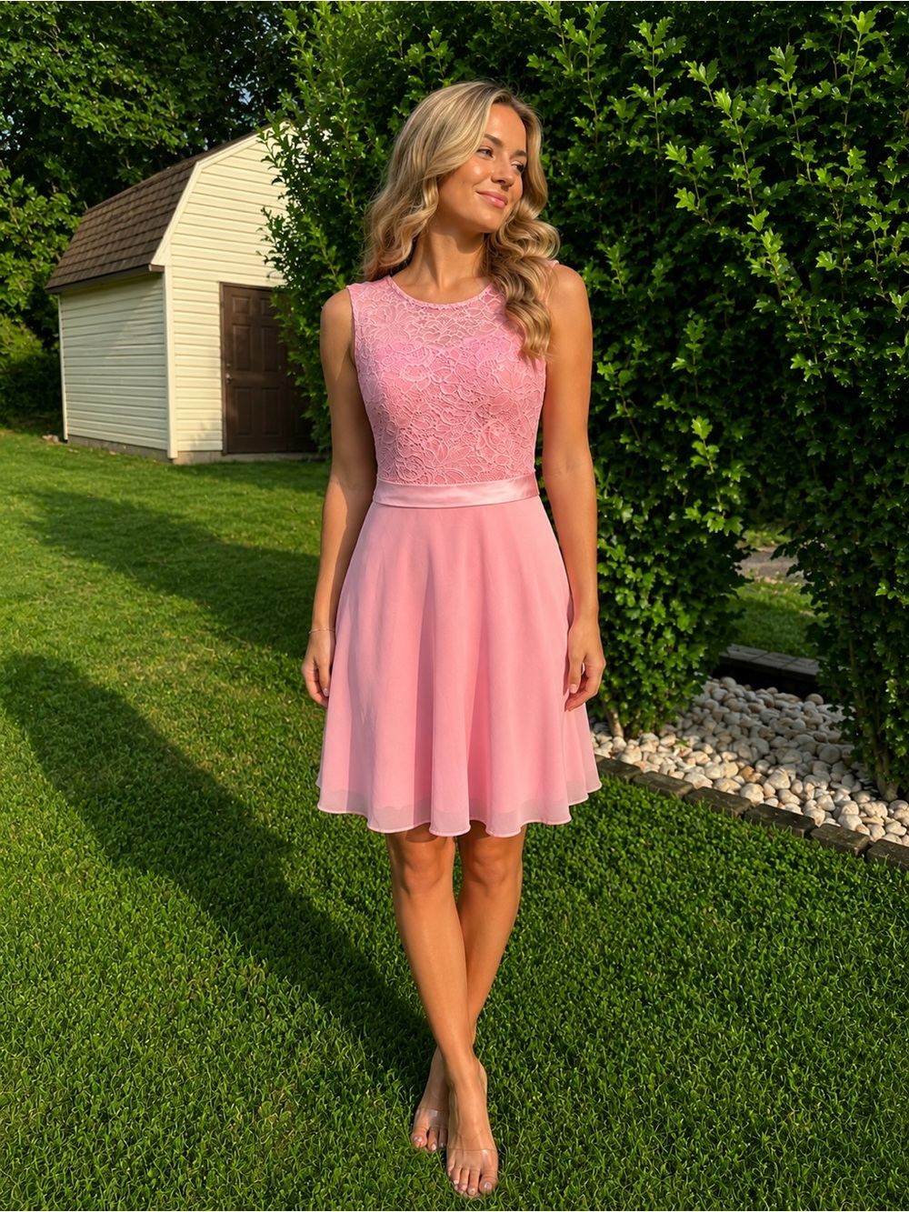 Lace Bodice Pink A-Line Women's Dress